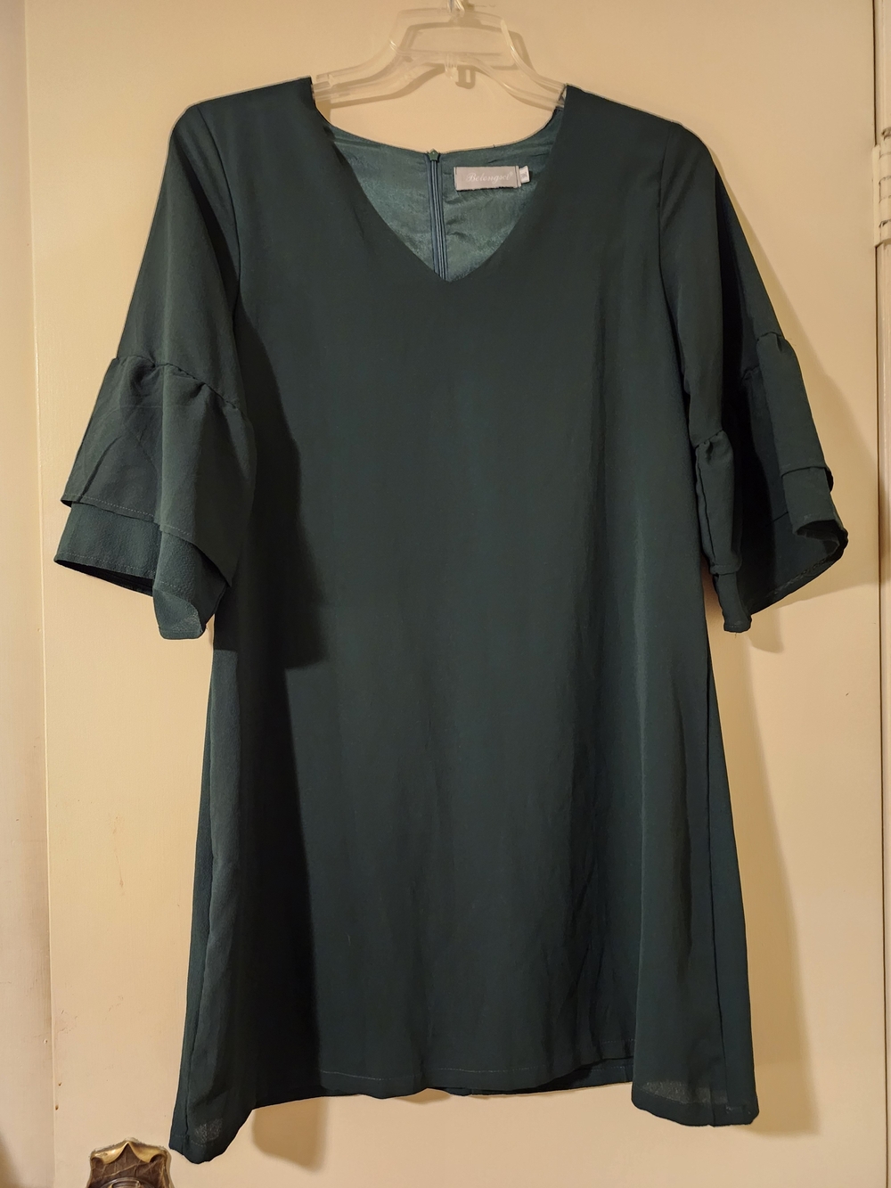 Belongsci Women's Slimming Flowy Dark Green Shift Dress With Bell Sleeves M